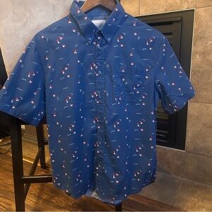 Jachs Navy Surfer Dogs Print Men's Short Sleeve Cottin Button Down Shirt Size M